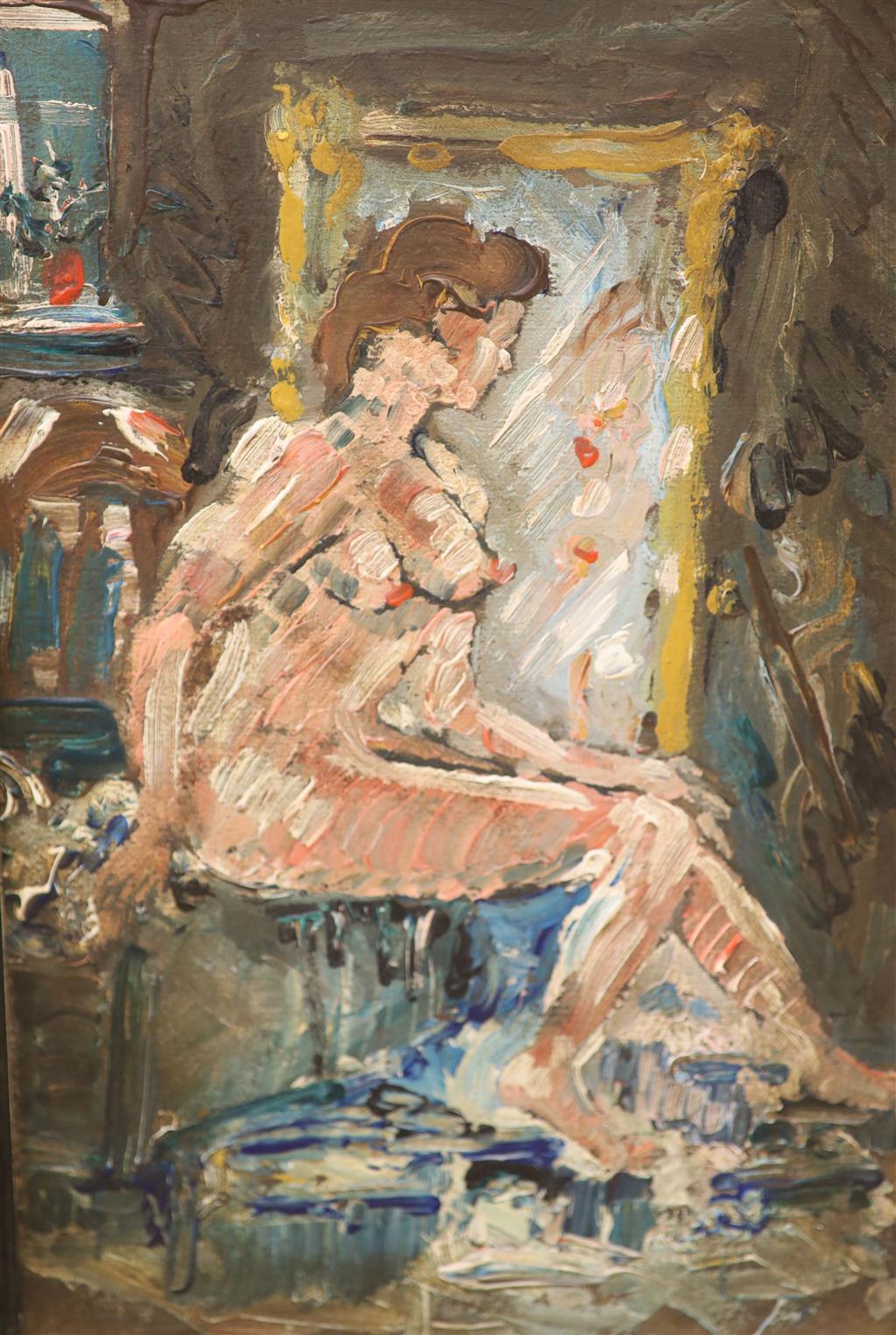 Modern British, oil on card, Seated female nude, 36 x 23cm